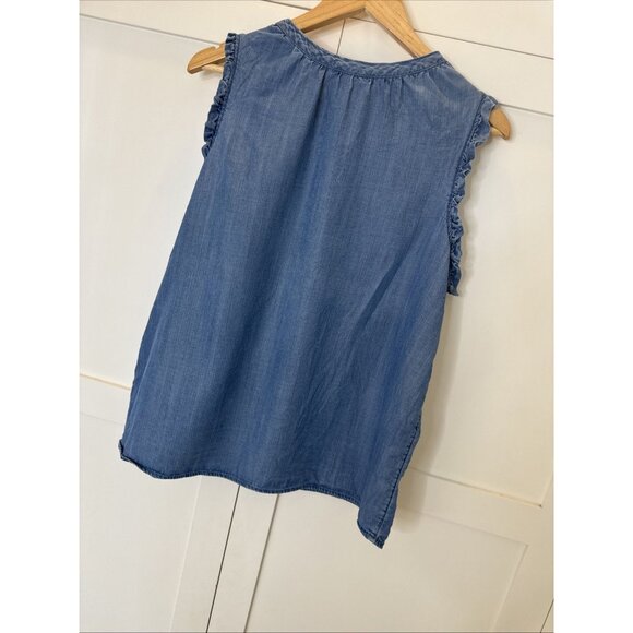 Time andTru Womens Ladies Blue Chambray Sleeveless Ruffle Blouse Top Size Large - Picture 8 of 10